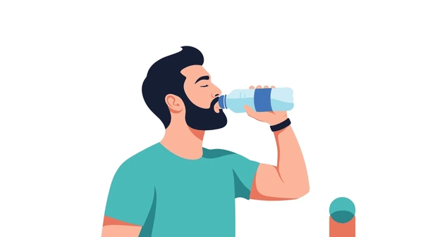 Illustrated water glass with flowing water and rhythmic circular elements representing a structured daily hydration routine